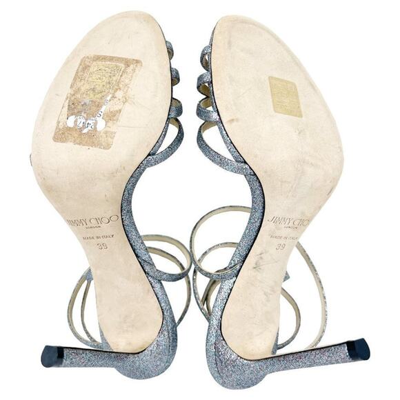 Jimmy Choo Mimi 100 Glitter Silver Strappy Stiletto Sandals Size 39 - Picture 7 of 8